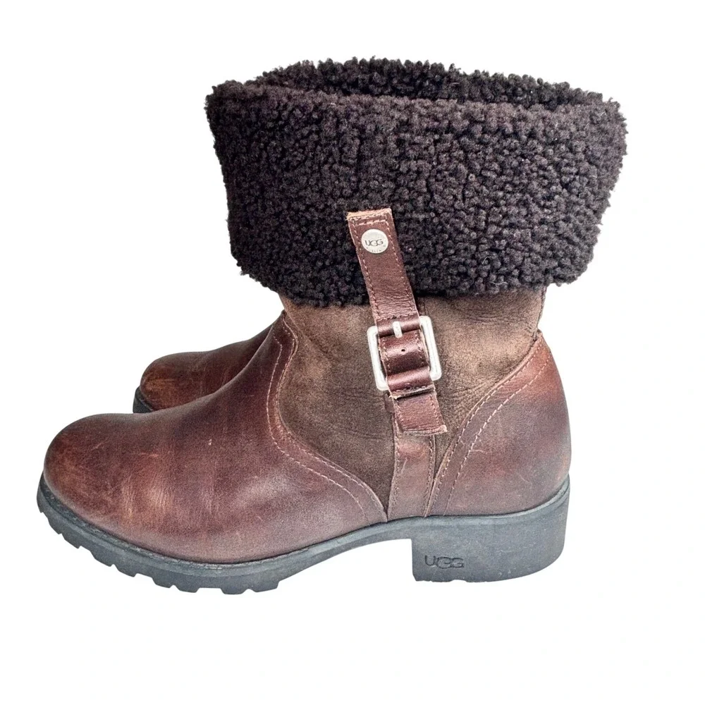 UGG Bellevue Sheepskin Foldover Boots Brown Leather Suede Shearling Buckle Sz‎ 8